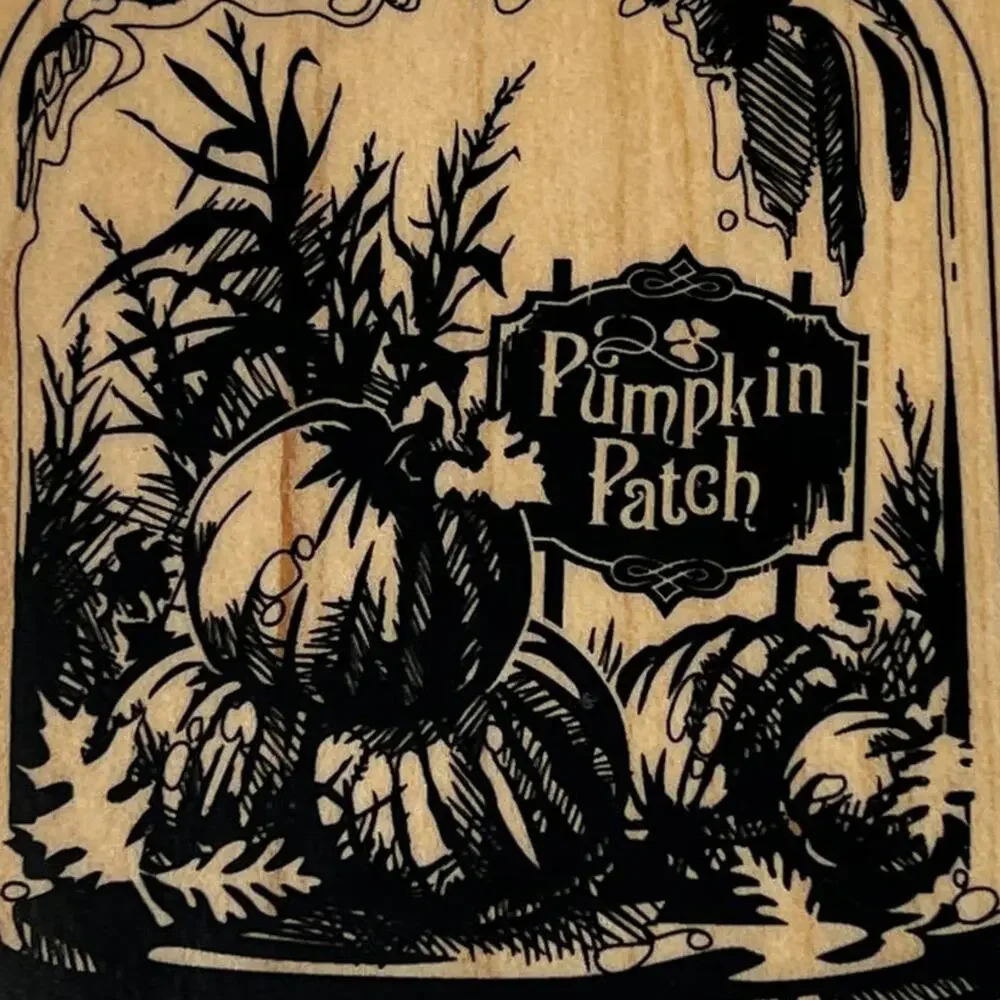 Pumpkin Patch Glass Cloche Rubber Stamp Wood Mounted Fall Crafting Block
